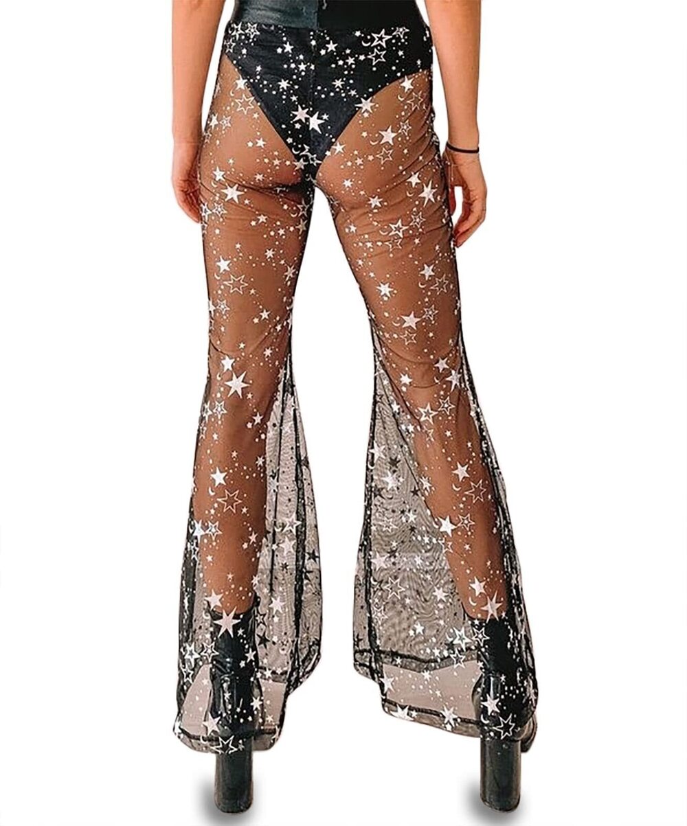 4775 Rave Outfit Outfit Festival Dance Clubwear Bell Bottom Mesh Sheer